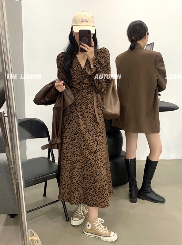 [Lemon Green Tea] French Retro Leopard Print Long Dress 2353