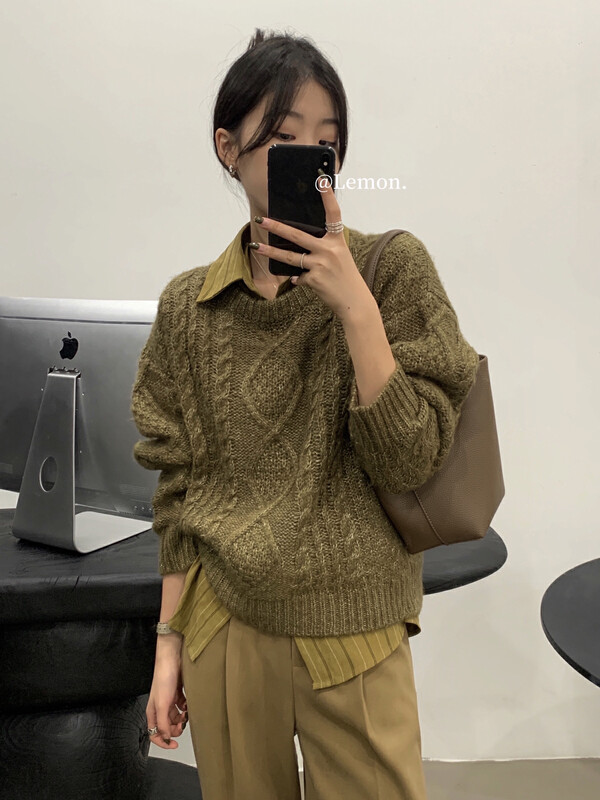 [Lemon Green Tea] Retro Pullover Lazy Twist Sweater KK-071