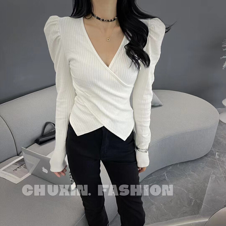 Autumn is new! [C.X Original Heart] Solid Color Little Woman Slim Puff Sleeve Short Knit Sweater 6621# WTT