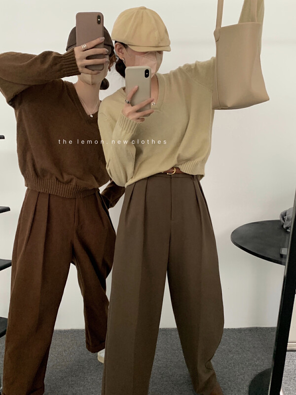[Lemon Green Tea] Korean chic solid color V-neck loose sweater knitted sweater L-018