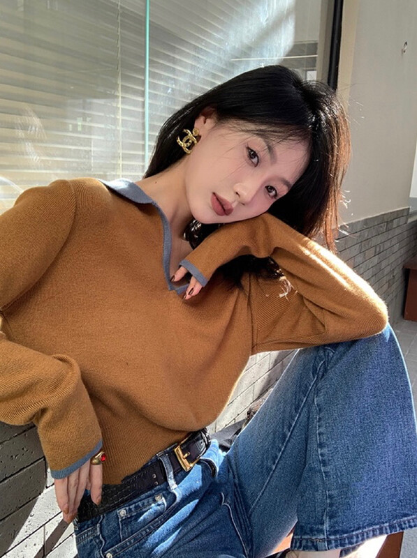 New in autumn! [BY] Women's design stitching POLO neck sweater 4809# HJY