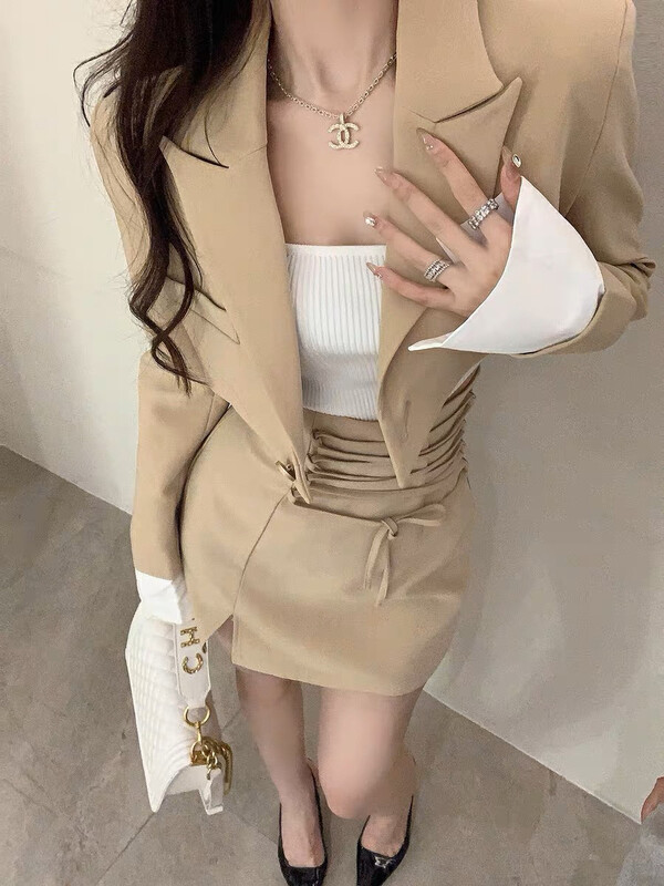 New in winter!【X·H STUDIO】One button short coat + high waist tie skirt suit 66038# OZQ