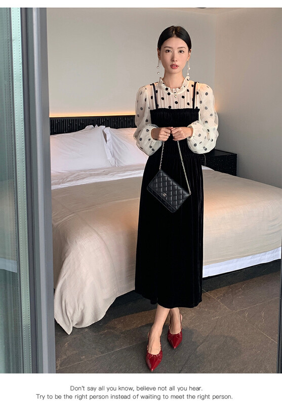【L.L STUDIO】Korean style pleated velvet stitching puff sleeve dress 78162# PCZ
