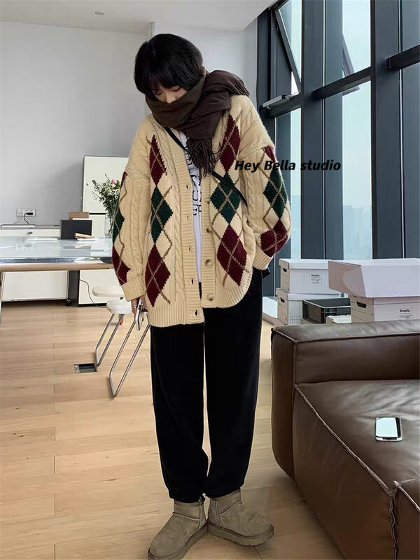 New in autumn!【HEY BELLA】Single-breasted plaid fashion Korean warm sweater B9331# L