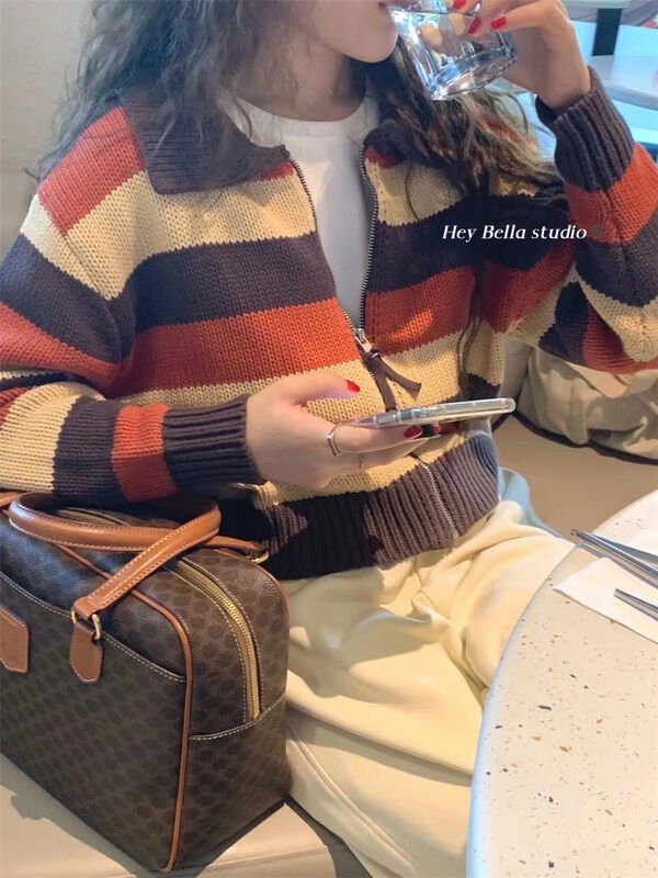 New in autumn! [HEY BELLA] Striped zipper comfortable knitted cardigan B9520# L