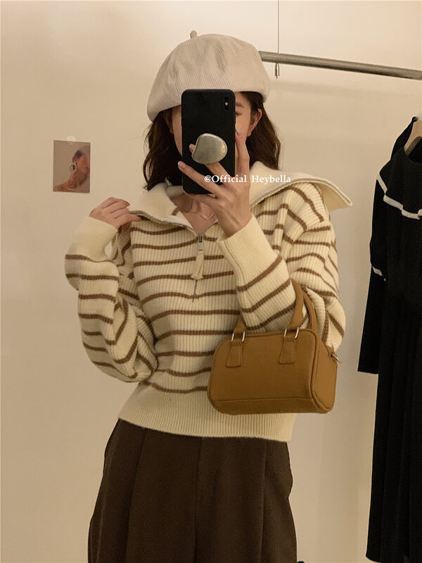 New in autumn! [HEY BELLA] Half zipper striped comfortable warm sweater B9330# L