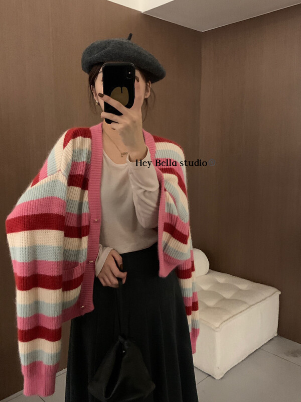 New for winter!  【HEY BELLA】V Neck Striped Loose Thermal Sweater 9651# L