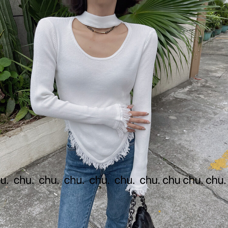 New in winter! [C.X original heart] Simple temperament halterneck knitted hem tassel warm sweater C527# WTT