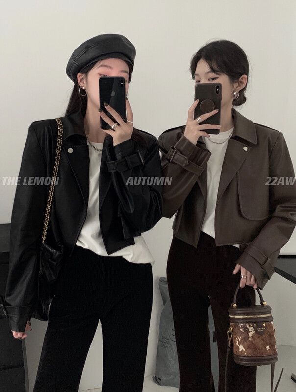 [Lemon Green Tea] Advanced Design Sense Thin Short Jacket Leather Jacket 2359