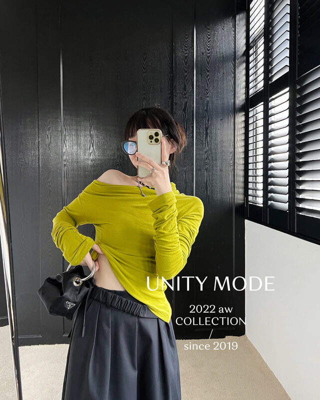 【UNITY】One word neck top women's solid color temperament all-match long-sleeved T-shirt F271020# CQW