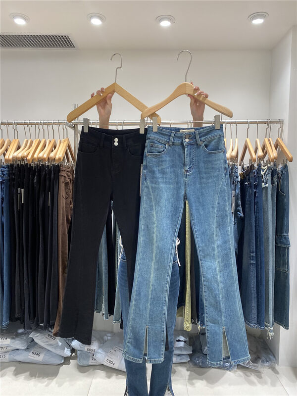 【JEANS】Fleece Double Button Micro-Flare Jeans R265# LSW