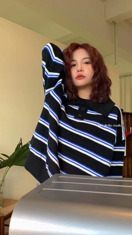 New in winter! [HEY BELLA] Korean Polo Striped Warm Sweater 9623# L