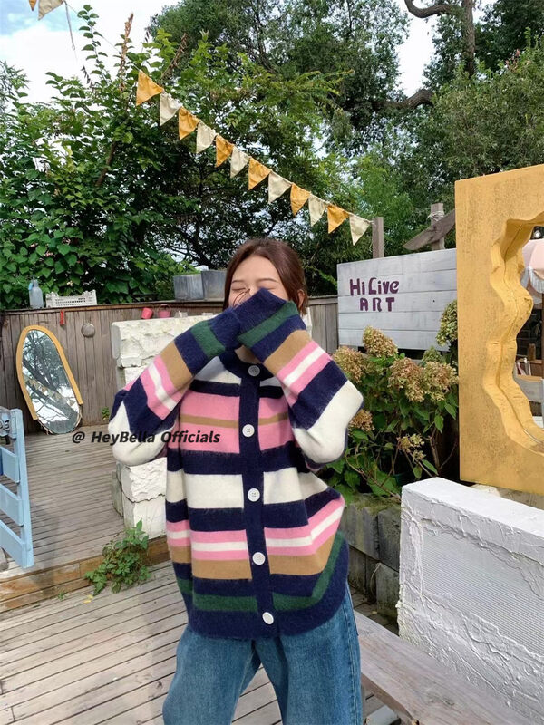 New in autumn!【HEY BELLA】Striped single-breasted comfortable knitted cardigan B9386# L