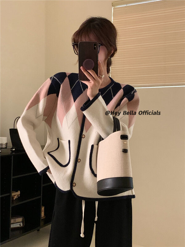 New in autumn! [HEY BELLA] round neck single-breasted comfortable and versatile color-blocking warm sweater B9175# L