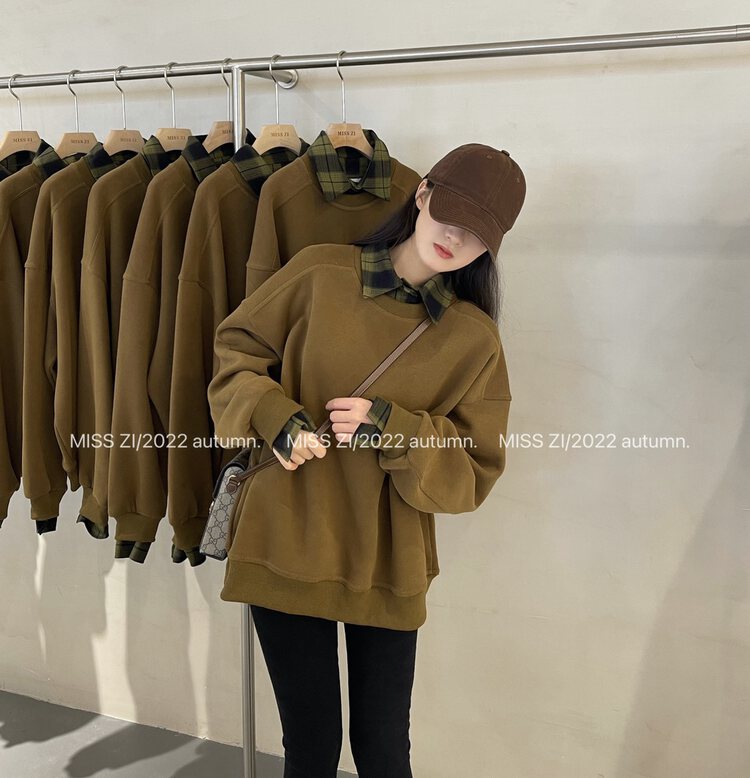 【MISS ZI】Korean style autumn solid color plaid shirt collar fake two-piece brushed sweater sweater 3091# CQW