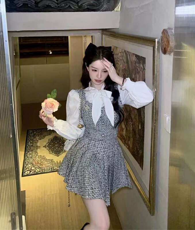 【LINNA】Solid color lace-up shirt + small fragrance short vest + high waist skirt suit 1573# JJ