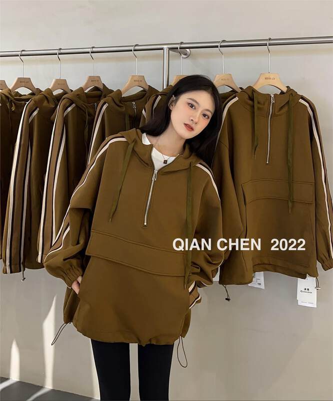 【MISS ZI】2022 women's autumn clothes Korean style all-match air cotton webbing hooded sweater 3080# CQW