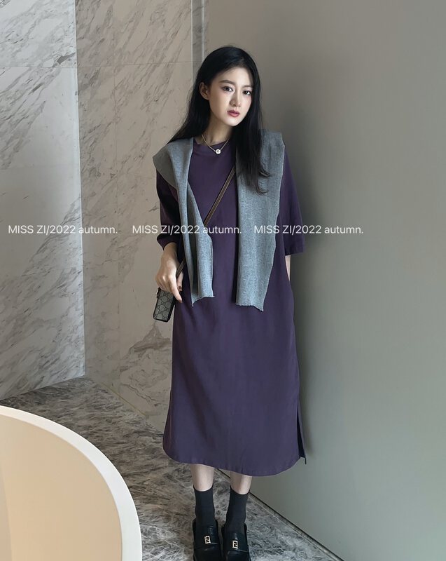 [MISS ZI] Autumn brushed solid color shawl dress (with shawl) (casual fashion long slit dress) 3239# CQW