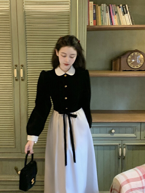 Autumn is new! [BY] velvet french long-sleeved temperament small fragrance mid-length dress 7935# HJY