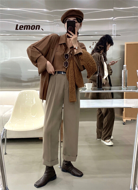 [Lemon Green Tea] Korean version of loose straight slim nine-point trousers (with belt) 2382