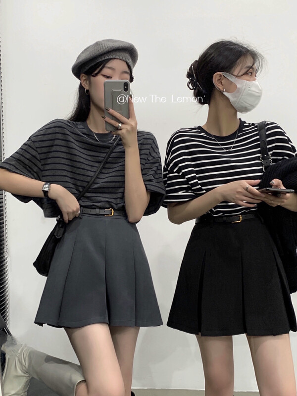 [Lemon Green Tea] Loose Lazy Striped Versatile Short Sleeve T-Shirt 2503