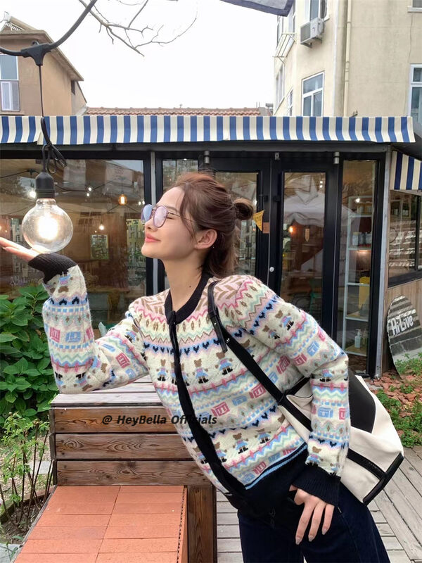 New in autumn! [HEY BELLA] round neck single-breasted color-blocking comfortable warm sweater b9371# L
