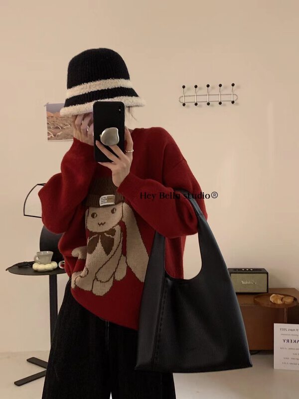【HEY BELLA】Rabbit Hat Loose Casual Warm Sweater B9597# L