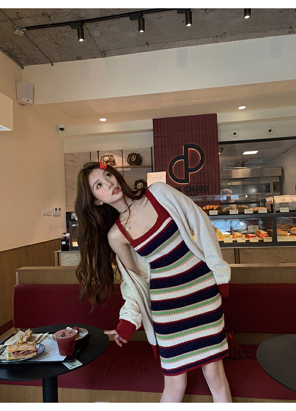New for winter!  【L.L STUDIO】Round Neck Single Breasted Knit Cardigan + Contrast Color Fashion Dress Set 78211# PCZ