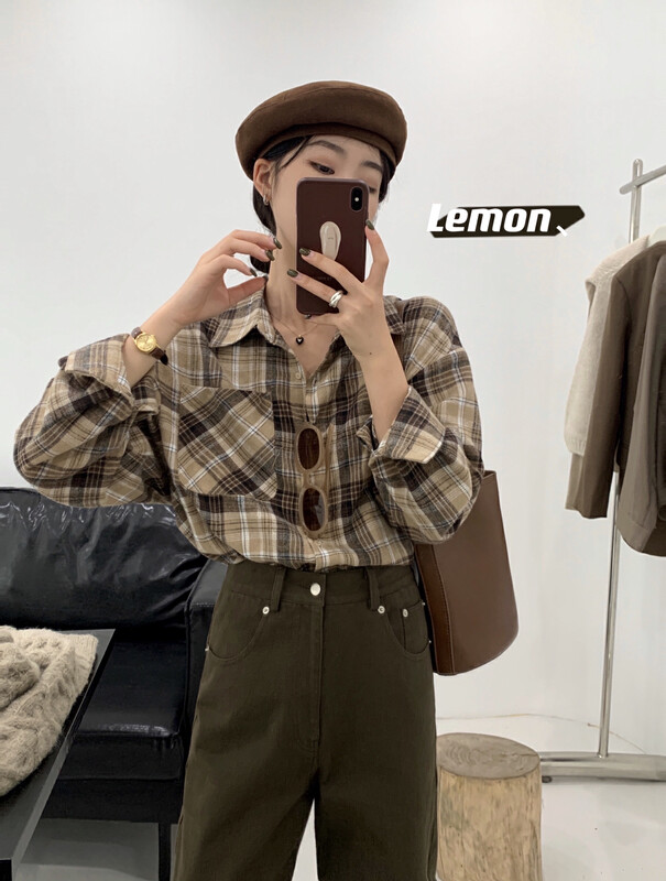 [Lemon Green Tea] Korean Check Loose Shirt 2386