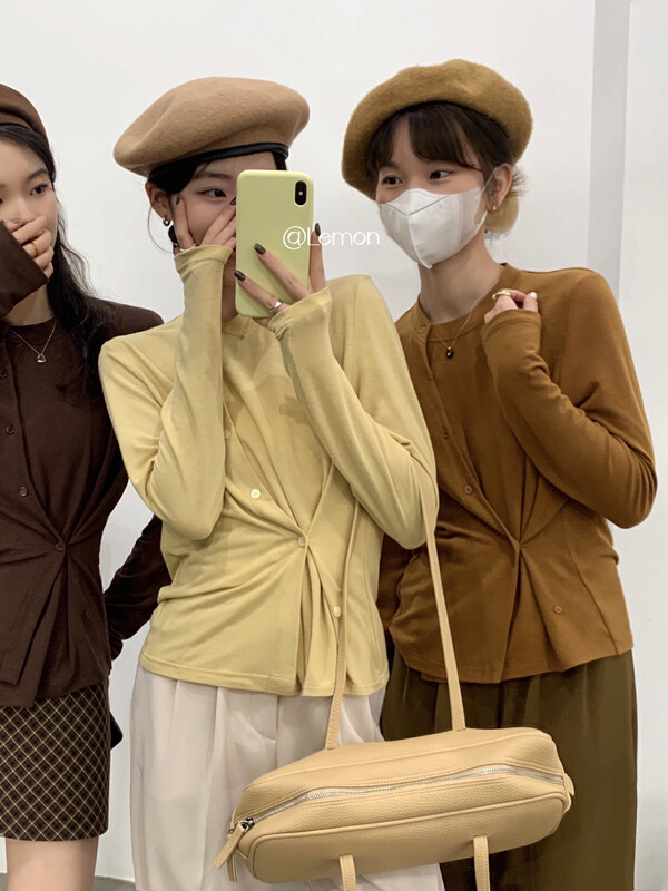 [Lemon Green Tea] Niche Design Round Neck Irregular Long Sleeve T-Shirt 2519