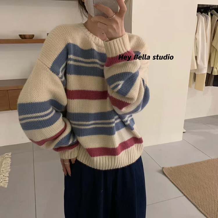 New in autumn! [HEY BELLA] Colorful striped all-match round neck warm sweater 9373# L