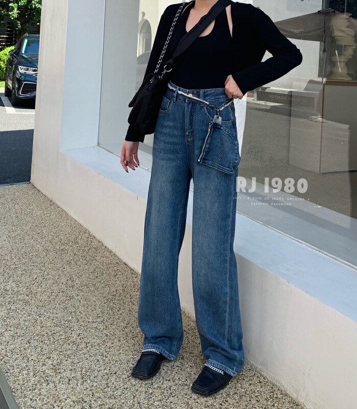[1980] High-quality washed dark blue wide-leg mopping straight-leg jeans (with belt) 2A63575