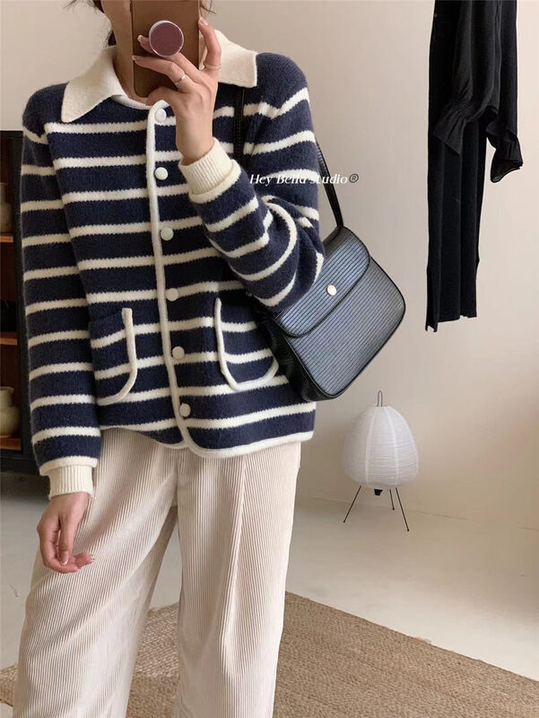 New in winter!【HEY BELLA】Single-breasted striped comfortable all-match warm sweater B9570# L