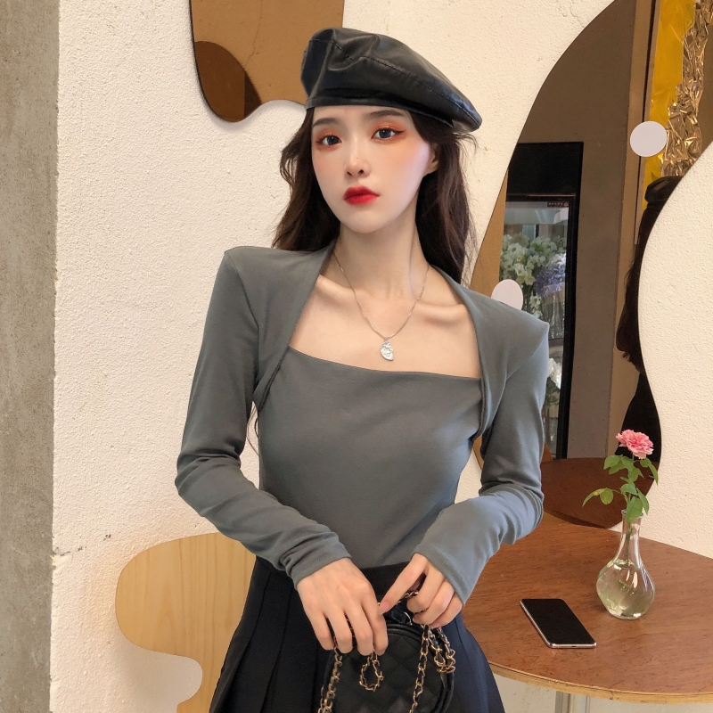 Real shot real price double-sided German velvet autumn and winter warm brushed T-shirt women's long-sleeved square collar bottoming