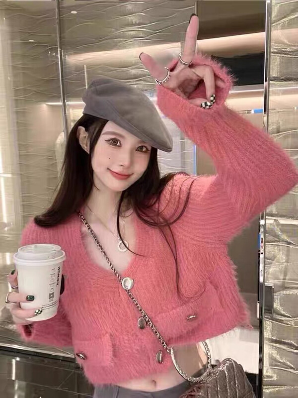 New in winter!【L.L STUDIO】Pure imitation mink fur V-neck knitted cardigan 78231# PCZ