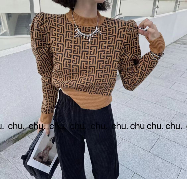 [C.X Beginning] New Checkered Puff Sleeve Knitted Warm Sweater C508# WTT