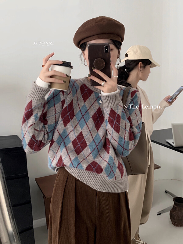 [Lemon Green Tea] ins Korean Loose Retro Rhombus Sweater KK-068