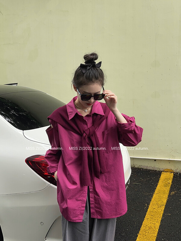 New in early autumn [MISS ZI] Casual Versatile Leaky Shoulder Shirt (with Shawl) 3201# CQW