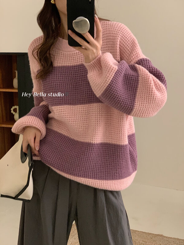 New in autumn! [HEY BELLA] Korean striped loose and comfortable warm sweater B9358# L