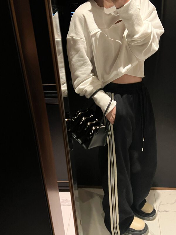 【TS】Sporty Drawstring Elastic Waist Straight Loose High Waist Casual Pants Q28007# CQW