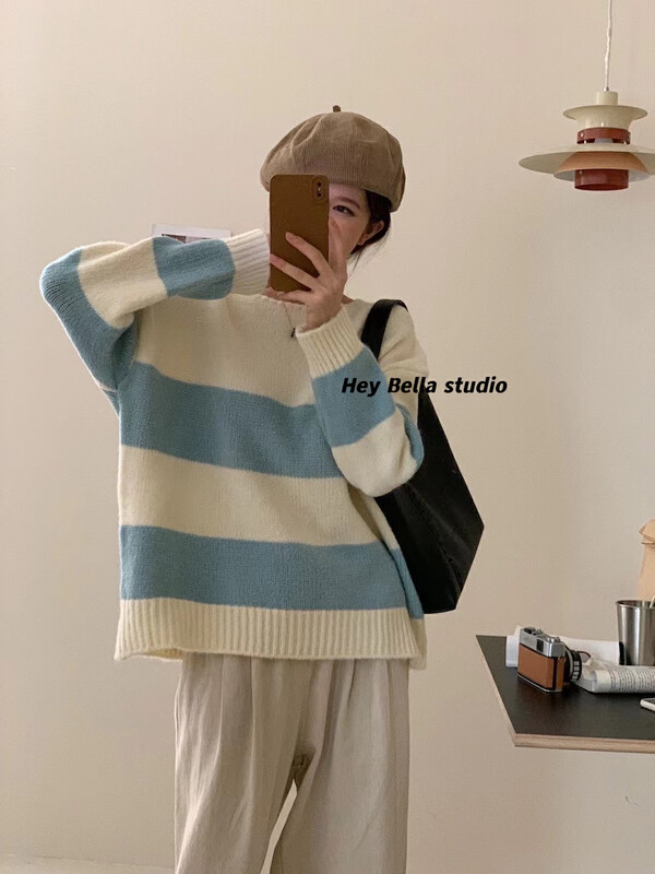 New in winter!【HEY BELLA】Korean wide striped lazy warm sweater 9198# L