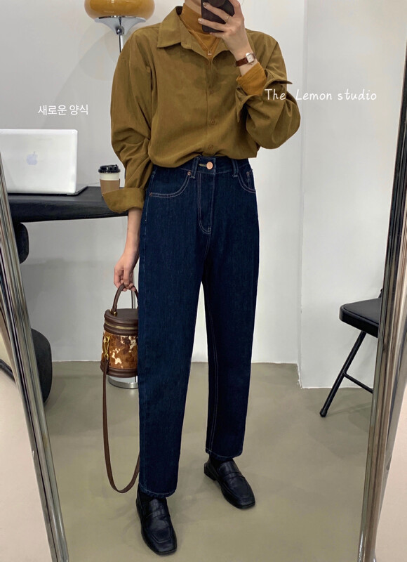 [Lemon Green Tea] Korean retro high-waisted straight-leg slimming jeans A-119