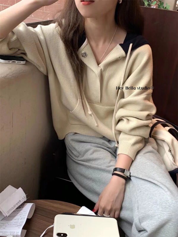 New in autumn! [HEY BELLA] Hooded Comfortable Contrast Color Versatile Warm Sweater B9511# L