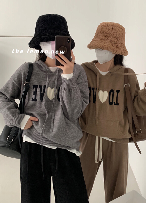 [Lemon Green Tea] Autumn and winter new loose letter hooded sweater 66-082