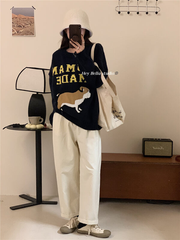 New in winter! [HEY BELLA] round neck letter loose pullover warm sweater B9581# L