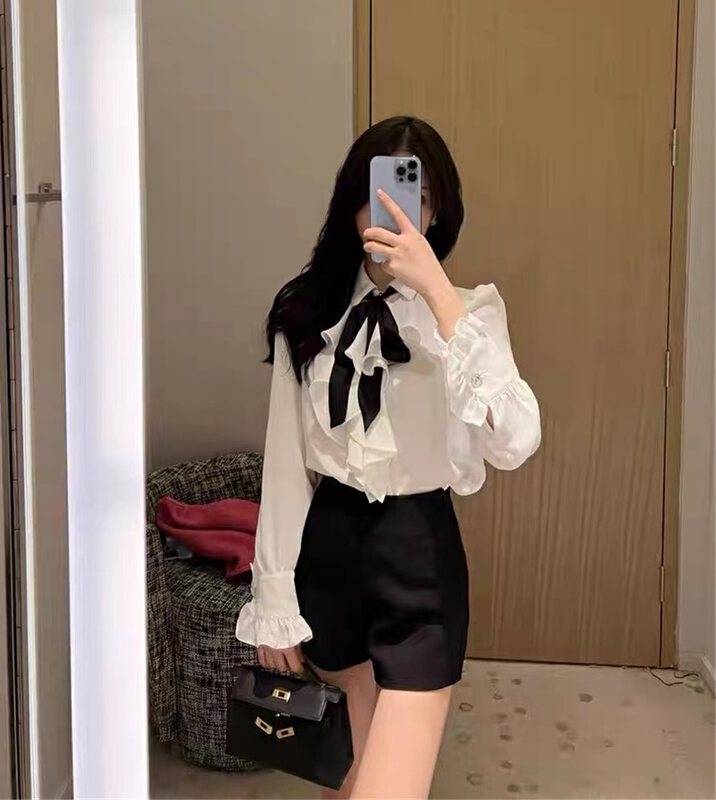 New in winter! [LINNA] Lace-up design temperament shirt (with tie) 6968# JJ