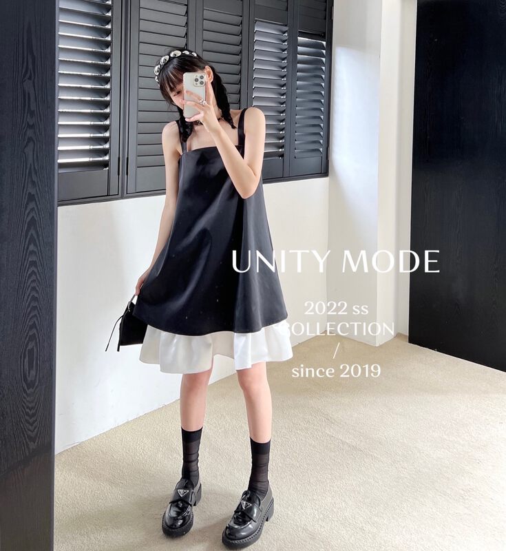 【UNITY】Sweet and spicy little black dress suspender dress temperament loose mid-skirt 8085