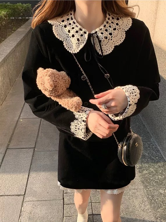 【L.L STUDIO】Doll Collar Black Short Jacket + Gentle Versatile Skirt Suit (with Collar) 78175# PCZ