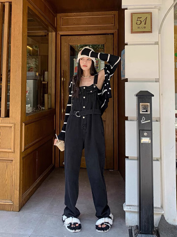 【L.L STUDIO】Retro age-reducing black denim overalls (with waist rope) 78227# PCZ