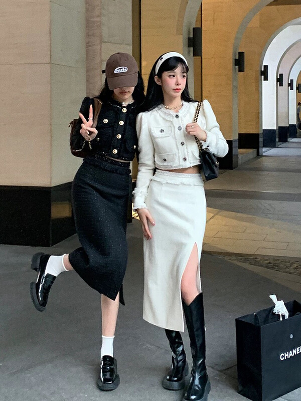 【L.L STUDIO】Retro French Small Fragrance Short Jacket + High Waist Slit Skirt Suit 78219# PCZ